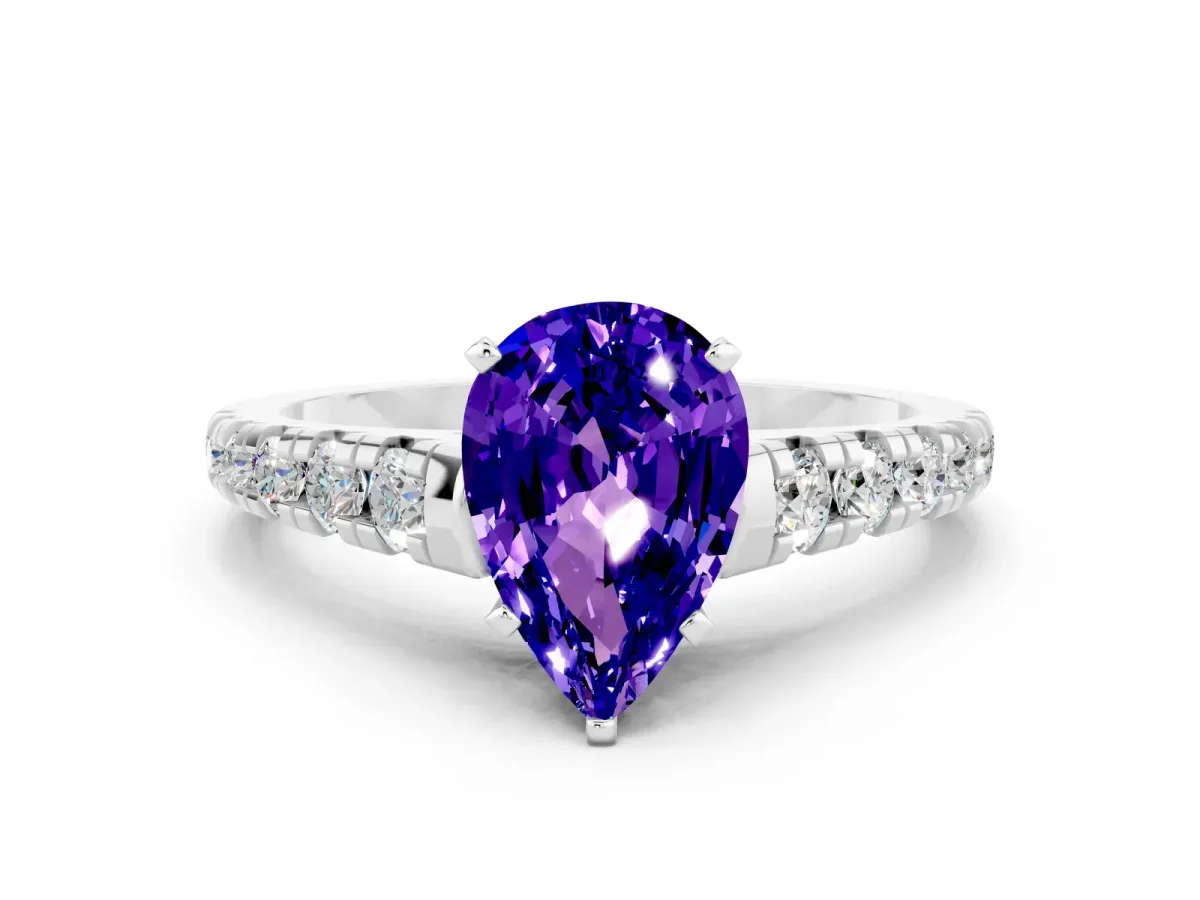 Pear Cut Tanzanite Cathedral Solitaire Ring with Round Pavé Band Silver