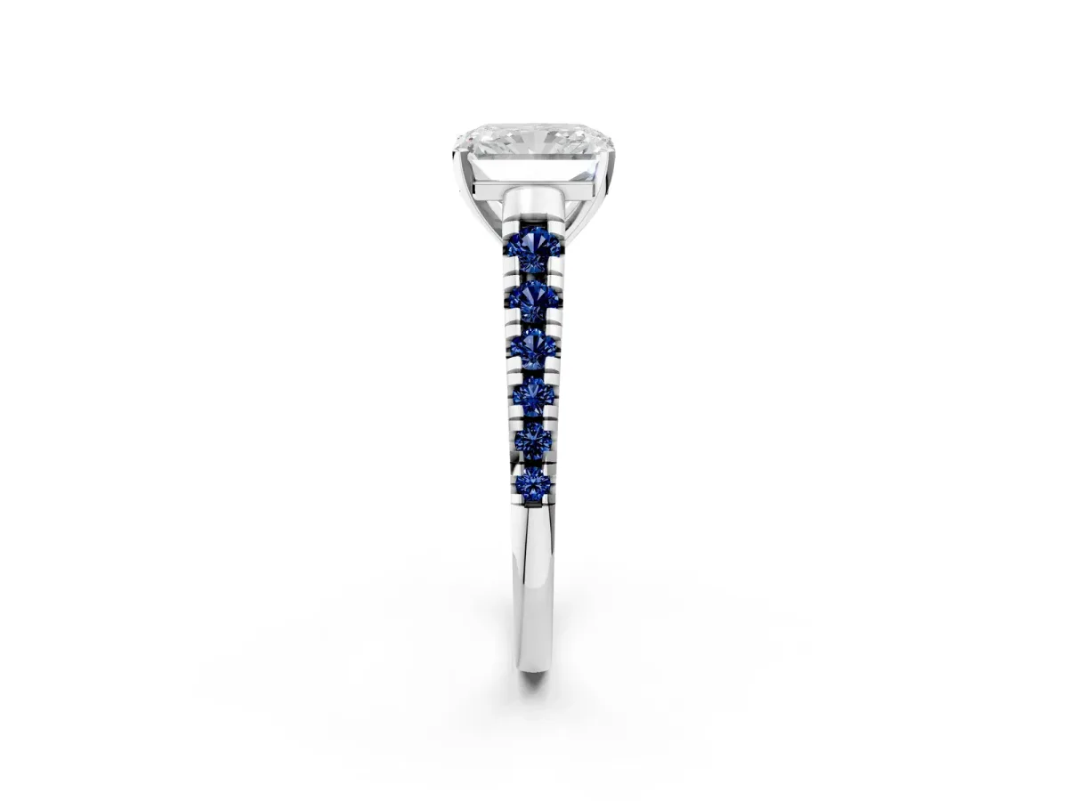 Radiant Cut Diamond Cathedral Solitaire Ring with Round Blue Sapphire Pavé Band Silver