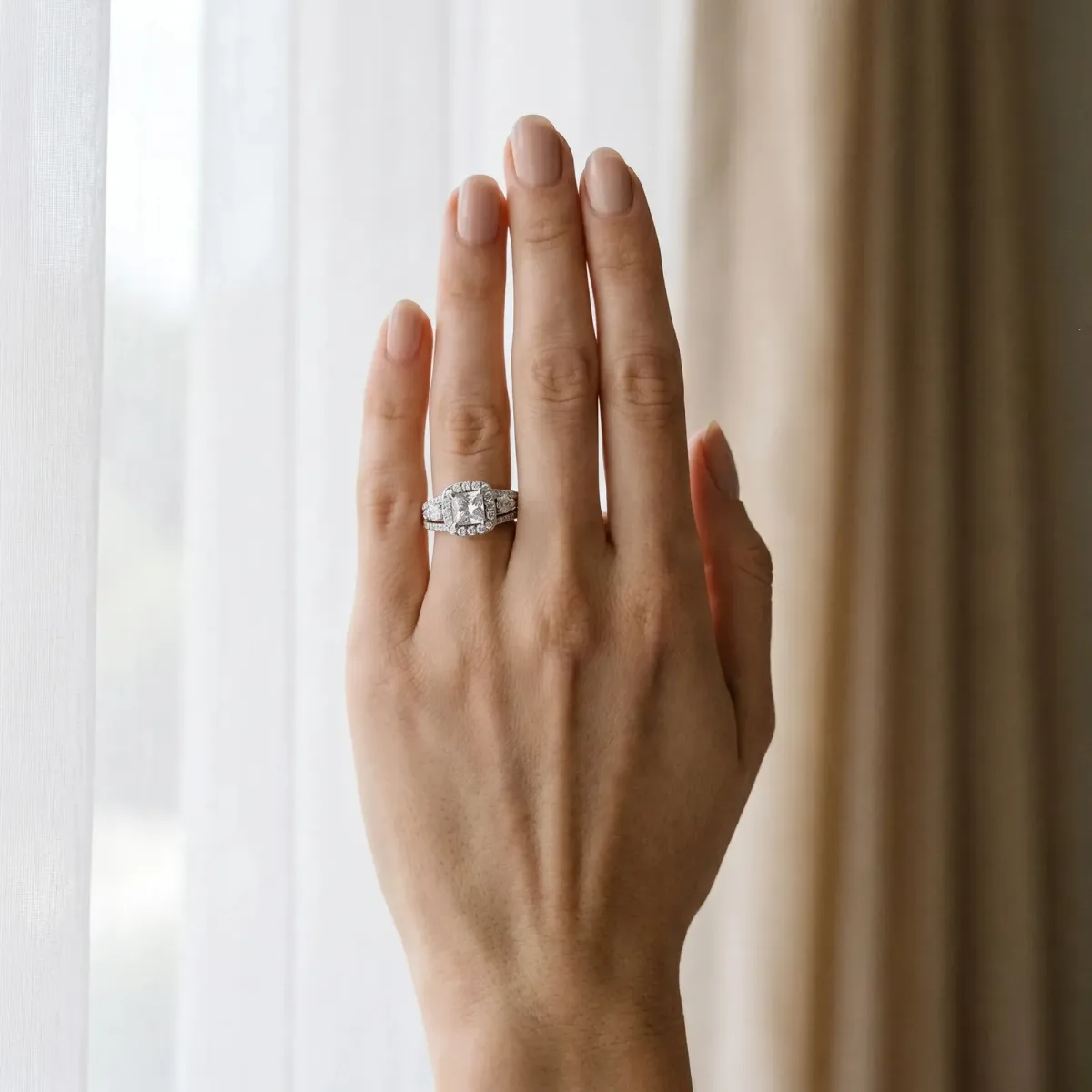 Halo Princess Cut Cut Split Shank Diamond Ring with Four-Prong Setting Platinum
