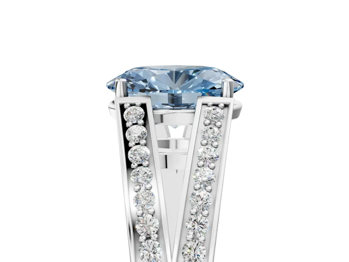 Fancy Blue Oval Cut Diamond Split Shank Ring with Pavé Band and Four-Prong Setting White gold
