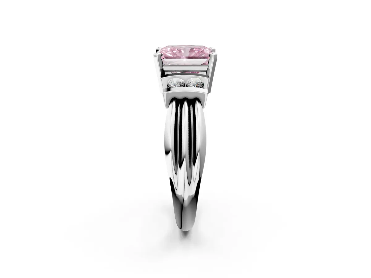 Fancy Pink Radiant Cut Cut Three-Stone Channel Set Ring with Bar Prongs Platinum