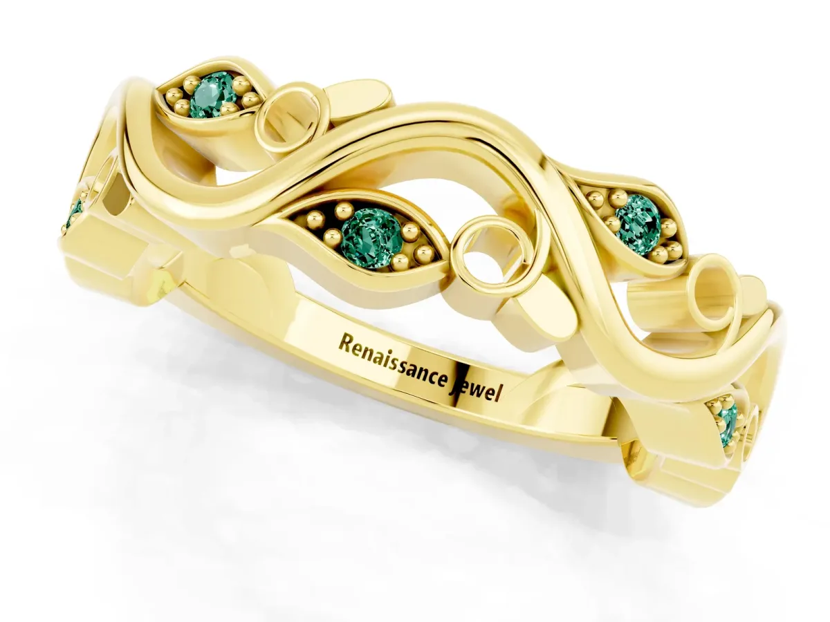 Marquise Green Sapphire Vine Eternity Band with Bezel Setting Yellow gold
