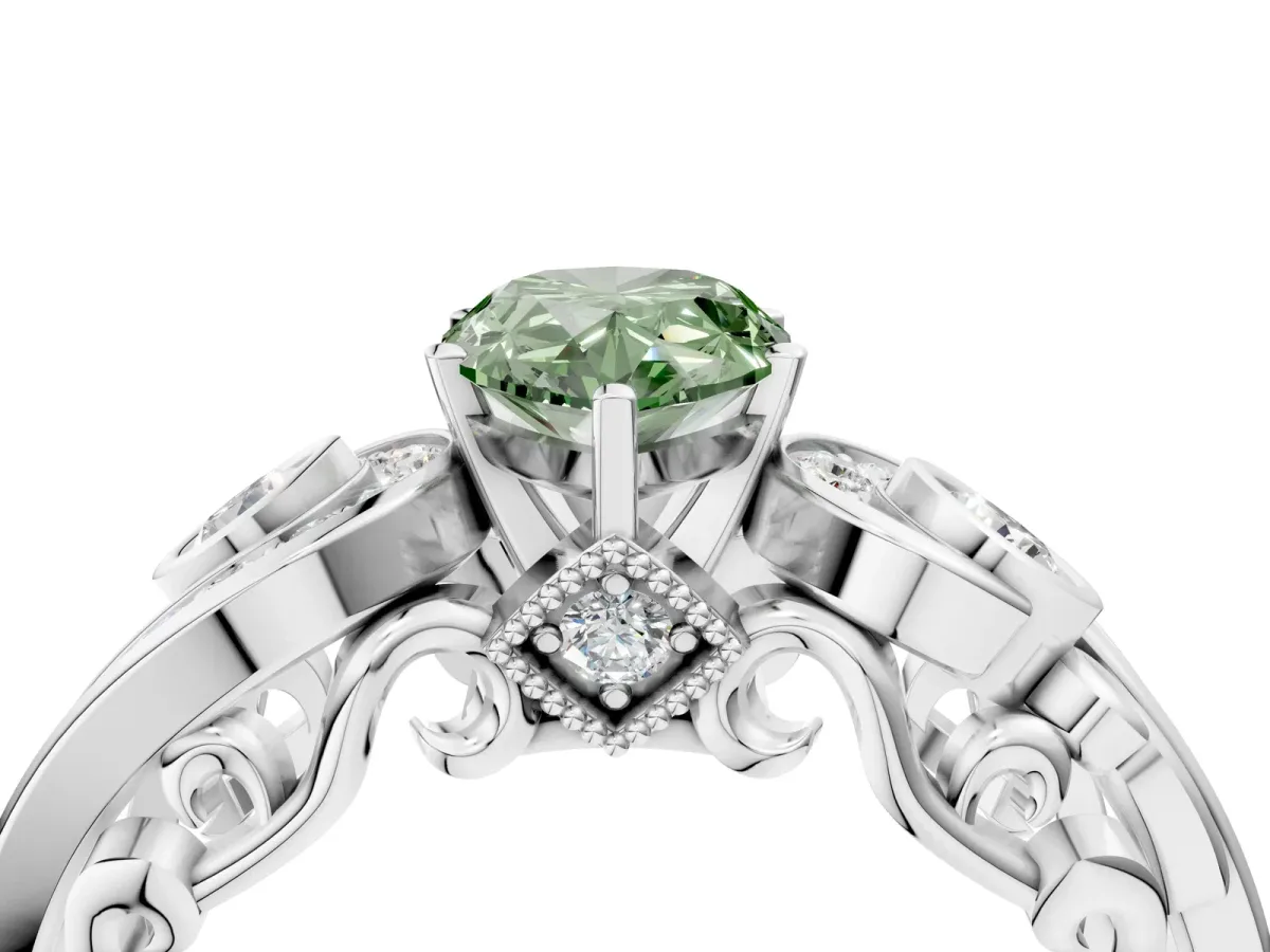 Fancy Green Pear Cut Diamond Solitaire Ring with Milgrain Pavé Band and Four-Prong Setting Silver