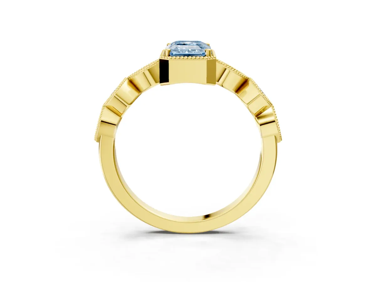 Fancy Blue Emerald Cut Diamond Vintage Milgrain Ring with Round Stations Yellow gold