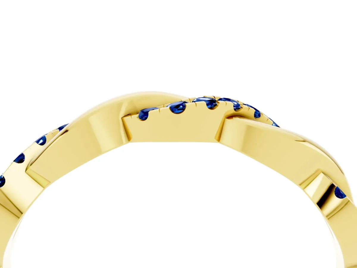 Round Blue Sapphire Twist Eternity Band with Pavé Setting Yellow gold