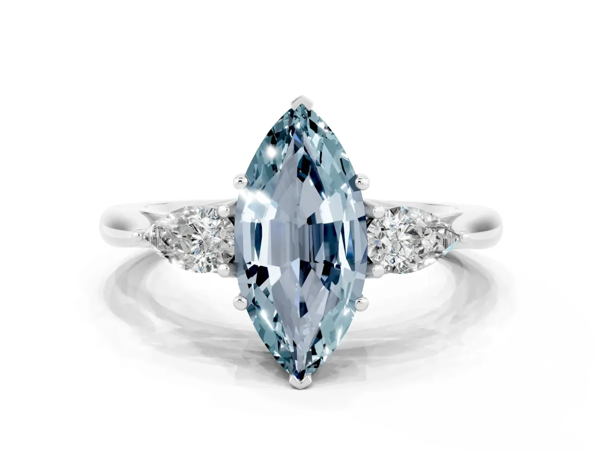 Marquise Cut Aquamarine Three-Stone Ring with Pear Side Stones and Prong Setting Silver