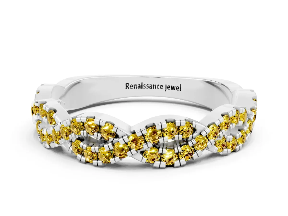 Round Yellow Sapphire Twisted Eternity Band with Pavé and Shared Prong Setting Silver