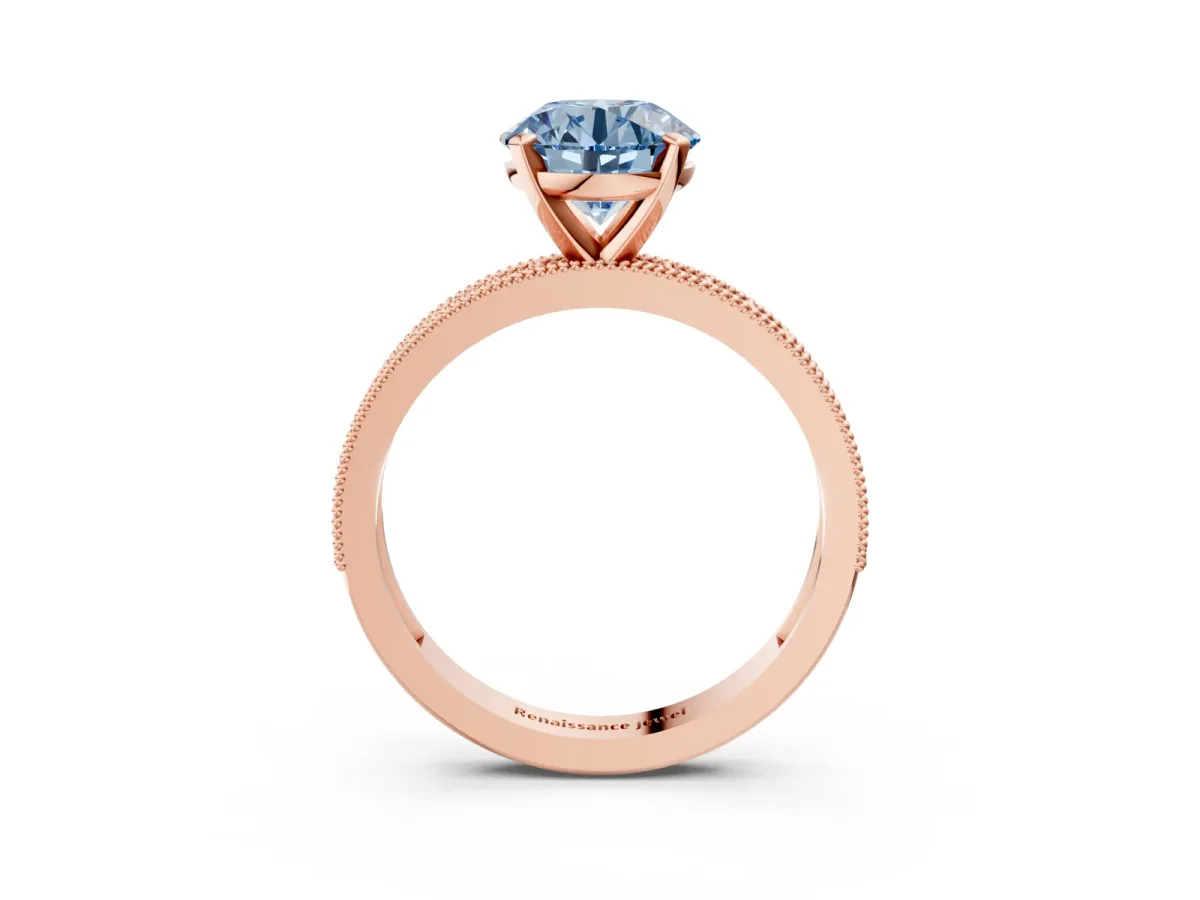 Fancy Blue Round Cut Diamond Milgrain Pavé Engagement Ring with Four-Prong Setting Rose gold