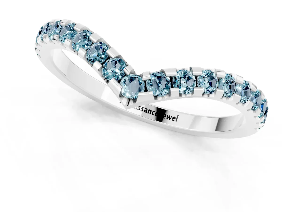Pavé Round Aquamarine Chevron Band with Shared Prong Setting Silver