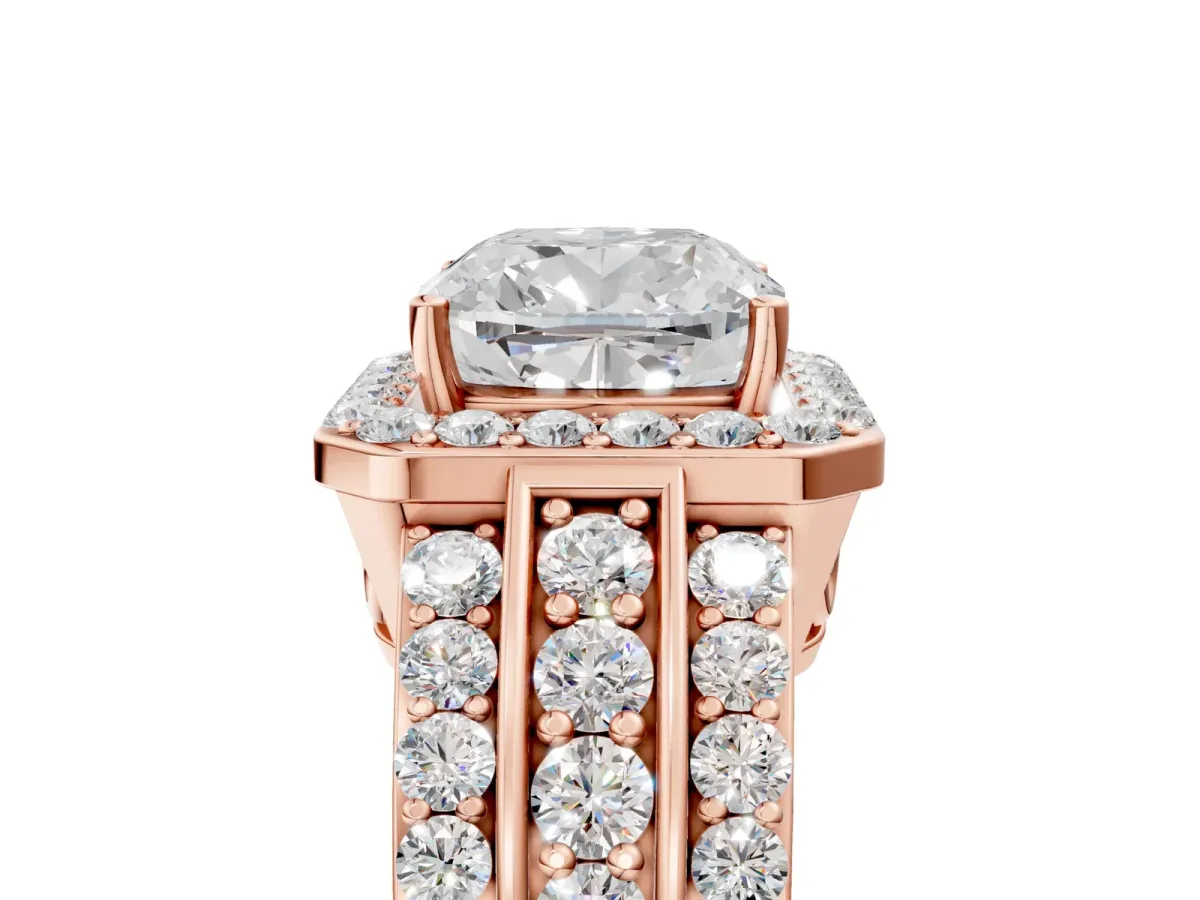 Cushion Cut Halo Diamond Ring with Round Split Shank and Prong Setting Rose gold