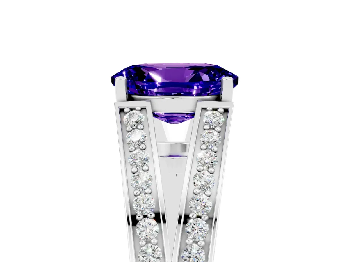 Oval Cut Tanzanite Split Shank Ring with Pavé Band and Four-Prong Setting White gold