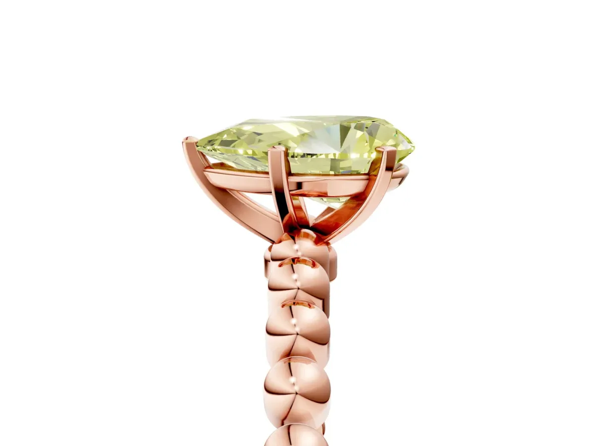 Fancy Yellow Pear Cut Diamond Solitaire Ring with Beaded Band and Prong Setting Rose gold