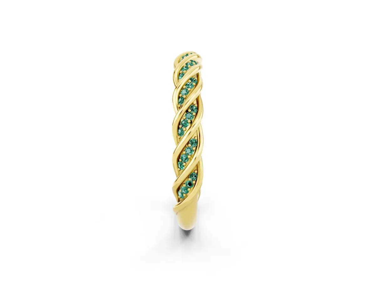 Twisted Pavé Round Green Sapphire Eternity Band with Shared Prong Setting Yellow gold
