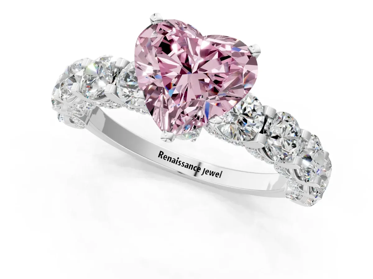 Fancy Pink Heart Cut Diamond Side Stone Engagement Ring with Four-Prong Setting White gold