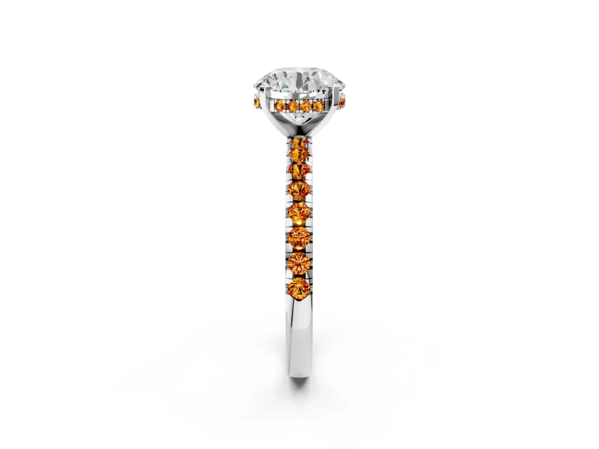 Round Cut Diamond Solitaire Ring with Round Citrine Pavé Band and Four-Prong Setting Silver