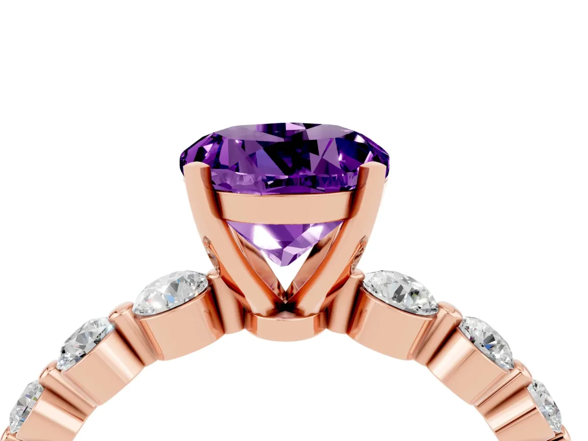 Round Cut Solitaire Amethyst Ring with Pave Band and Four-Prong Setting Rose gold