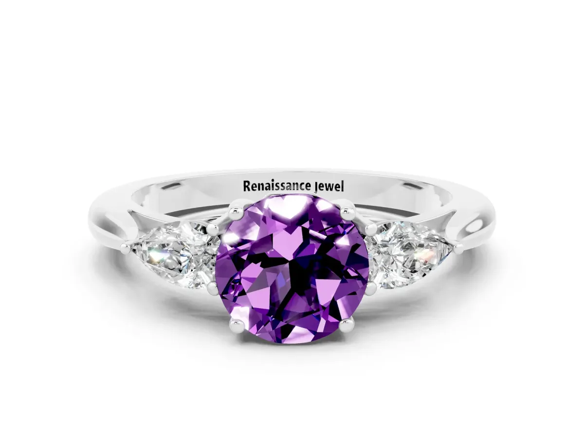 Three-Stone Round Cut Amethyst Ring with Pear Side Stones in Four-Prong Setting Platinum