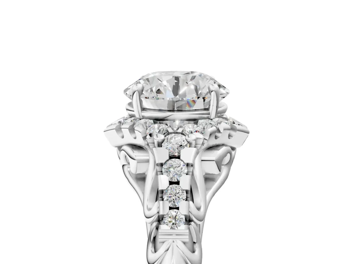 Round Cut Diamond Solitaire Ring with Hidden Halo and Pavé Band Silver