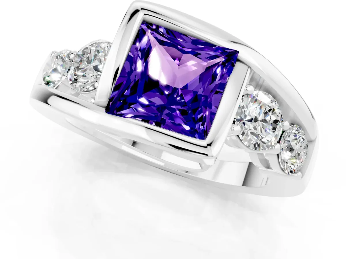 Bezel Set Princess Cut Tanzanite Bypass Ring with Round Accents Platinum