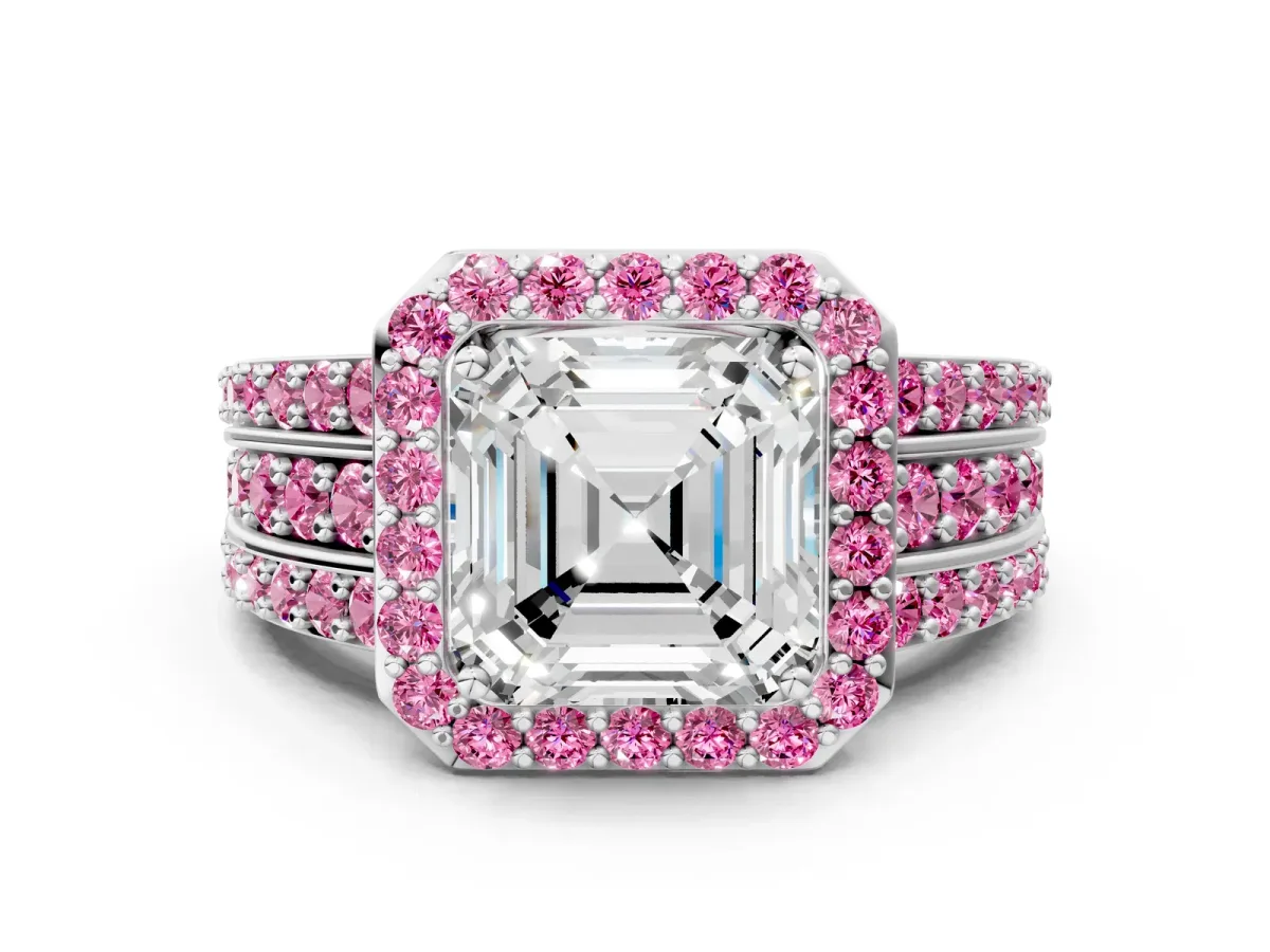 Asscher Cut Halo Diamond Ring with Round Pink Sapphire Split Shank and Prong Setting Silver