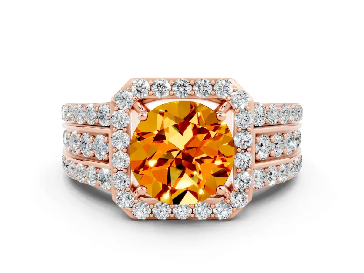 Round Cut Halo Citrine Ring with Round Split Shank and Prong Setting Rose gold