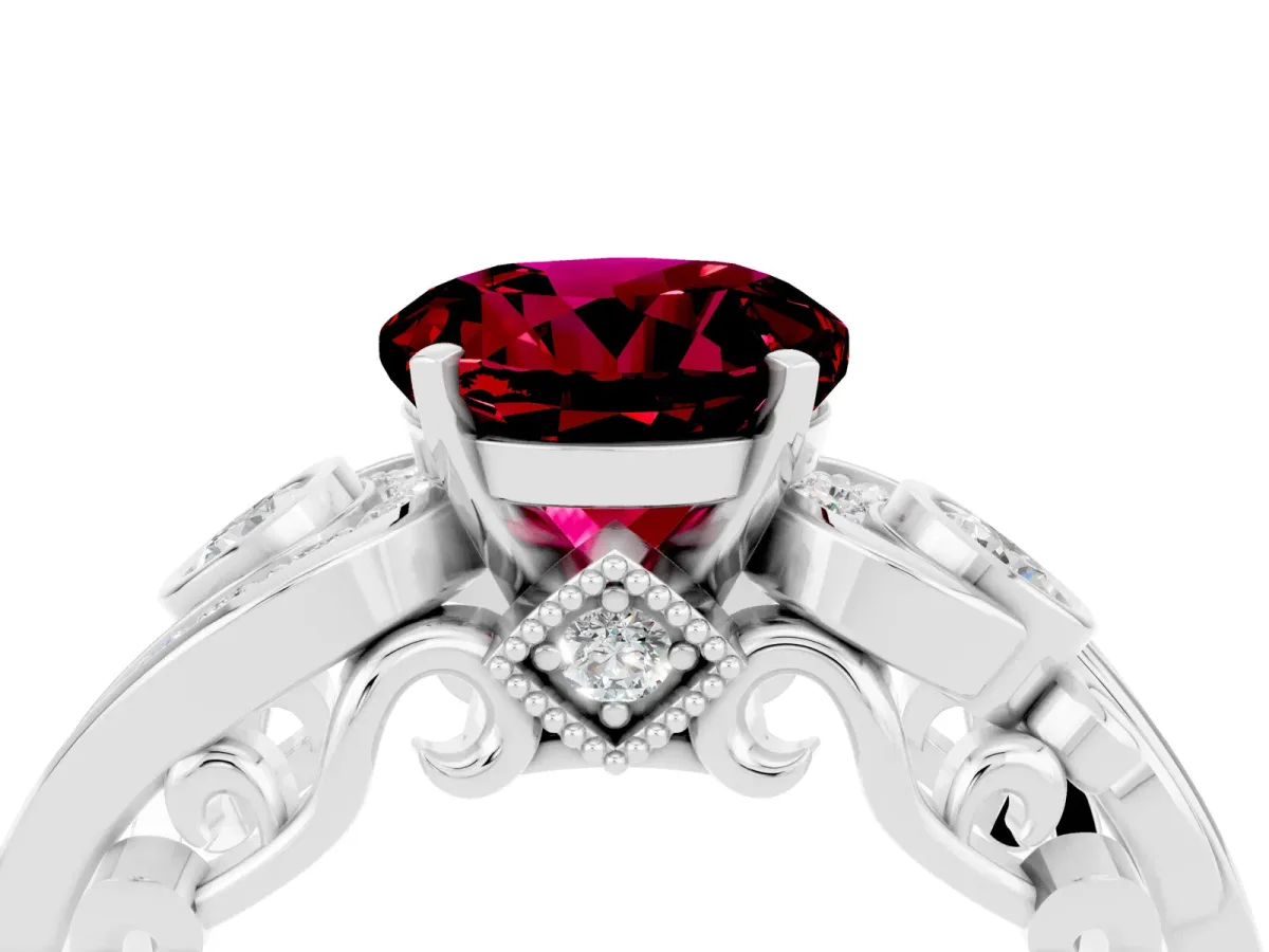 Round Cut Garnet Solitaire Ring with Milgrain Pavé Band and Four-Prong Setting Silver