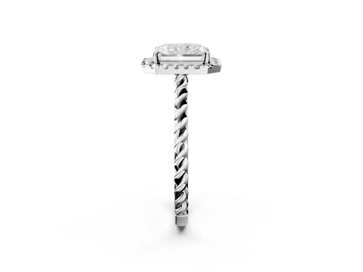 Radiant Cut Halo Twisted Band Four-Prong Diamond Ring Platinum