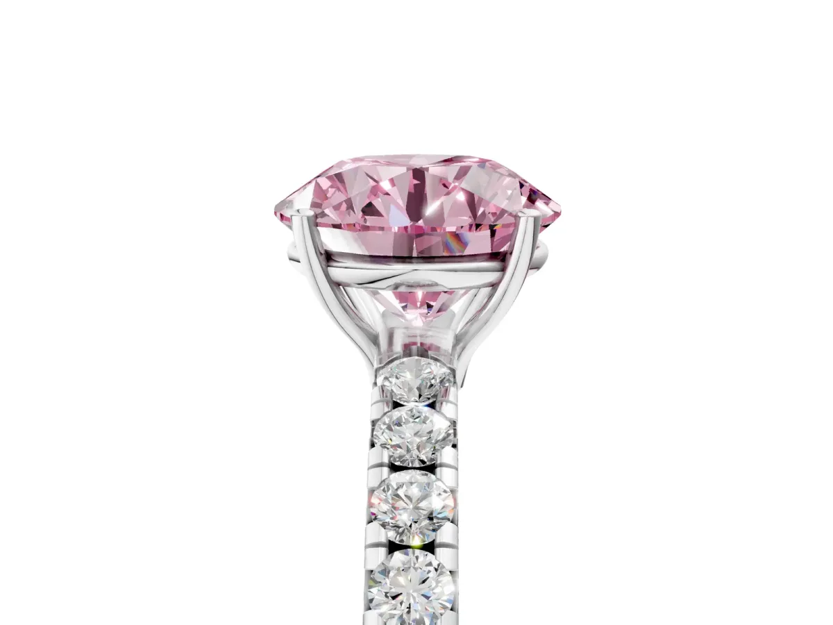 Fancy Pink Round Cut Diamond Pavé Solitaire Engagement Ring with Four-Prong Setting Silver