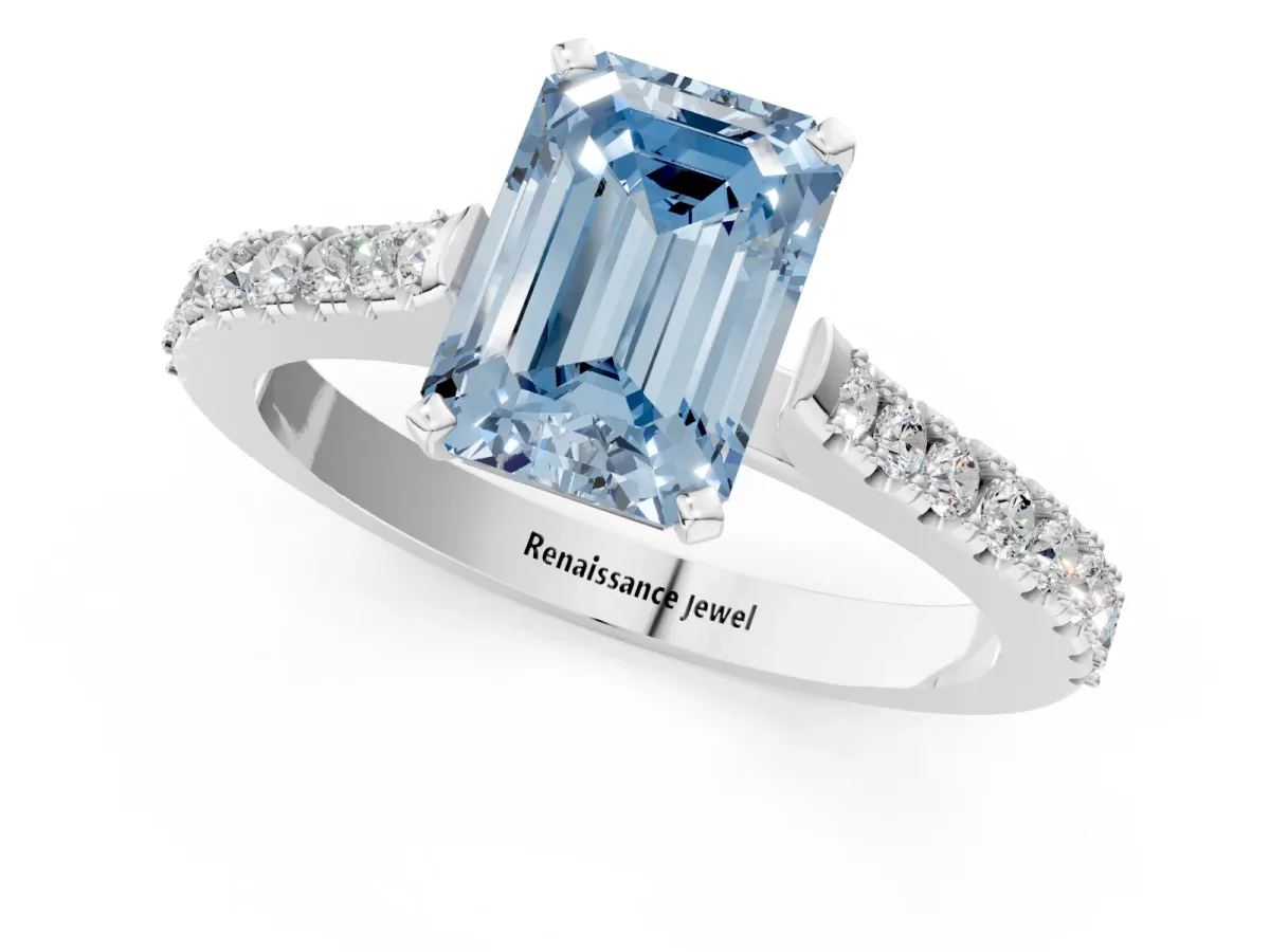 Fancy Blue Emerald Cut Cut Solitaire Diamond Engagement Ring with Pave Band and Four-Prong Setting Silver