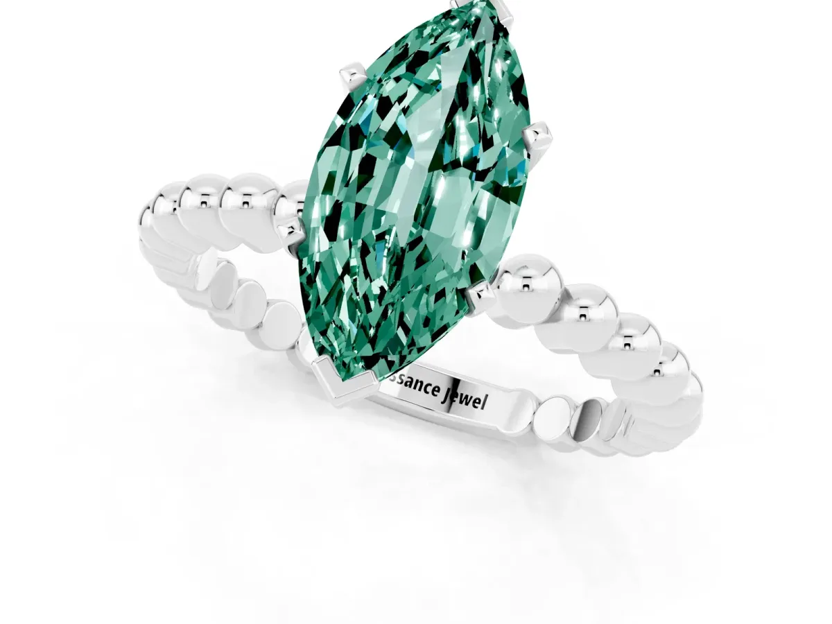Marquise Cut Green Sapphire Solitaire Ring with Beaded Band and Prong Setting Silver