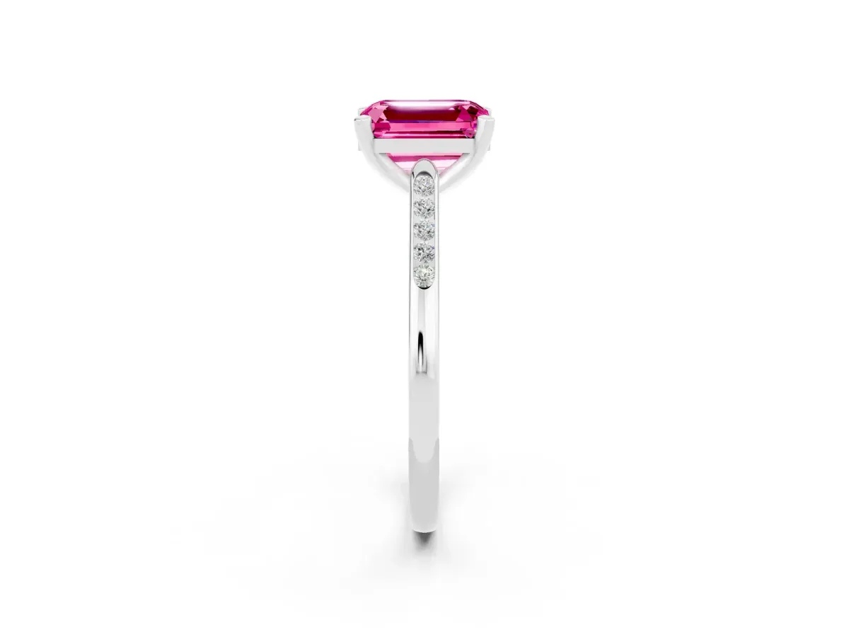 Emerald Cut Pink Sapphire Solitaire Ring with Channel Set Round Band and Prong Setting Silver