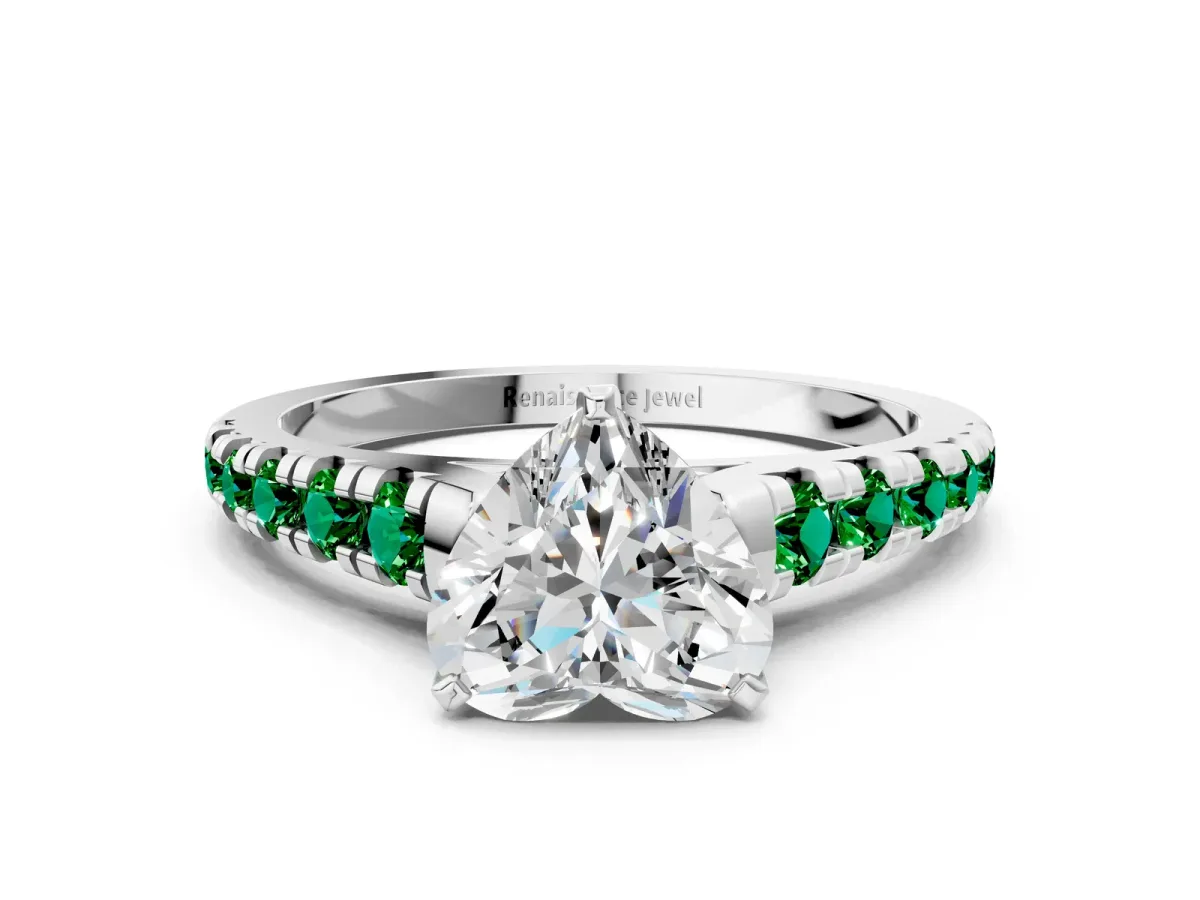 Heart Cut Diamond Cathedral Solitaire Ring with Round Emerald Pavé Band Silver