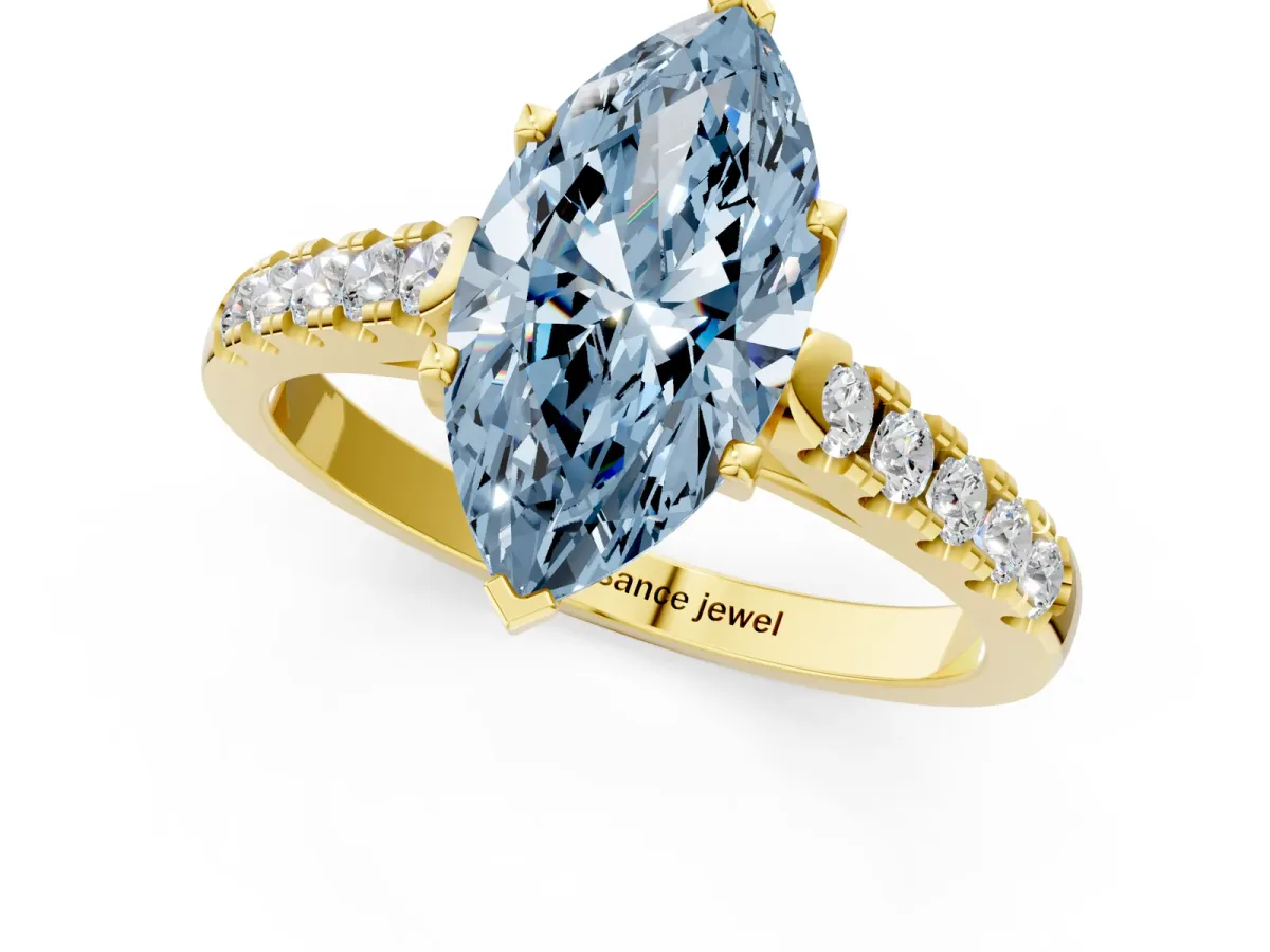 Fancy Blue Marquise Cut Diamond Pavé Band Solitaire Ring with Prong Setting Yellow gold