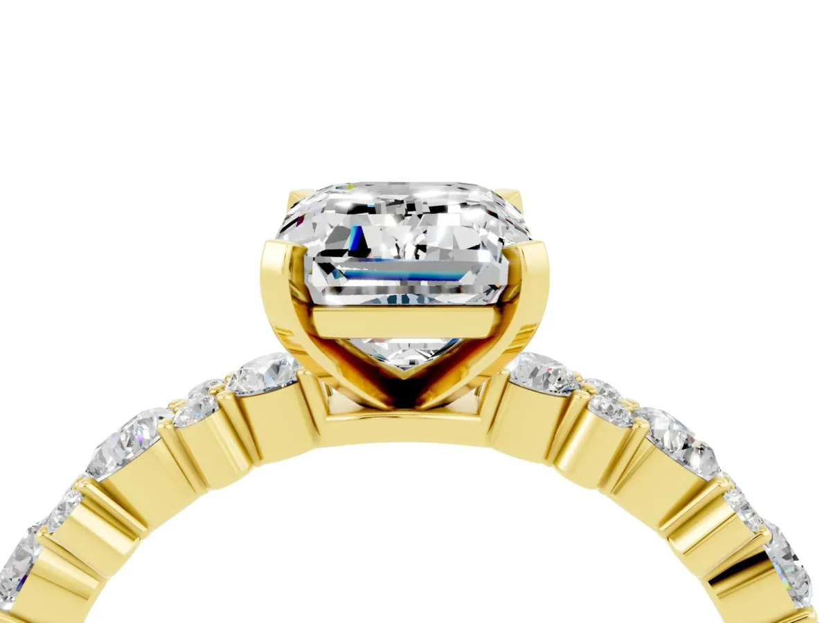 Emerald Cut Moissanite Side Stone Solitaire Ring with Round and Four-Prong Setting Yellow gold