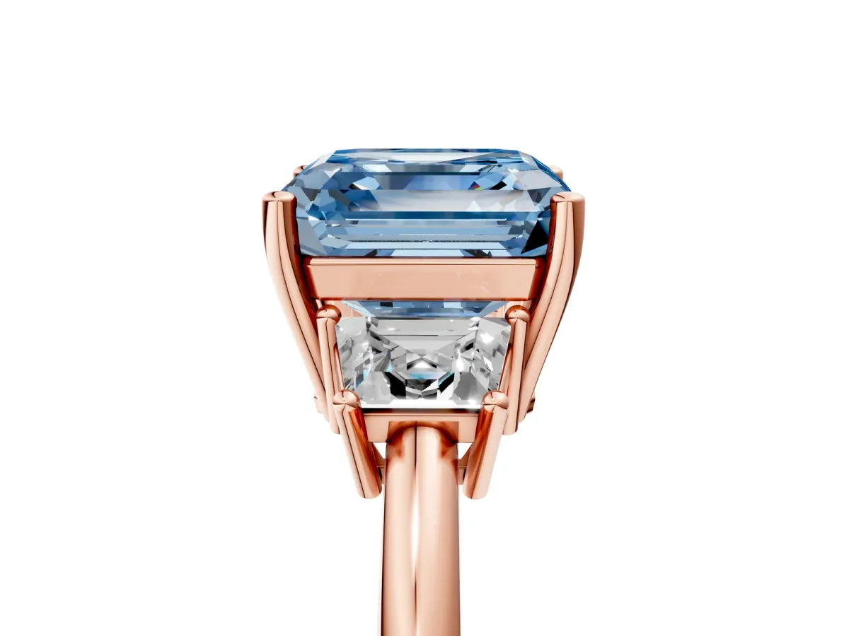 Fancy Blue Asscher Cut Diamond Three-Stone Ring with Trapezoid Side Stones and Prong Setting Rose gold