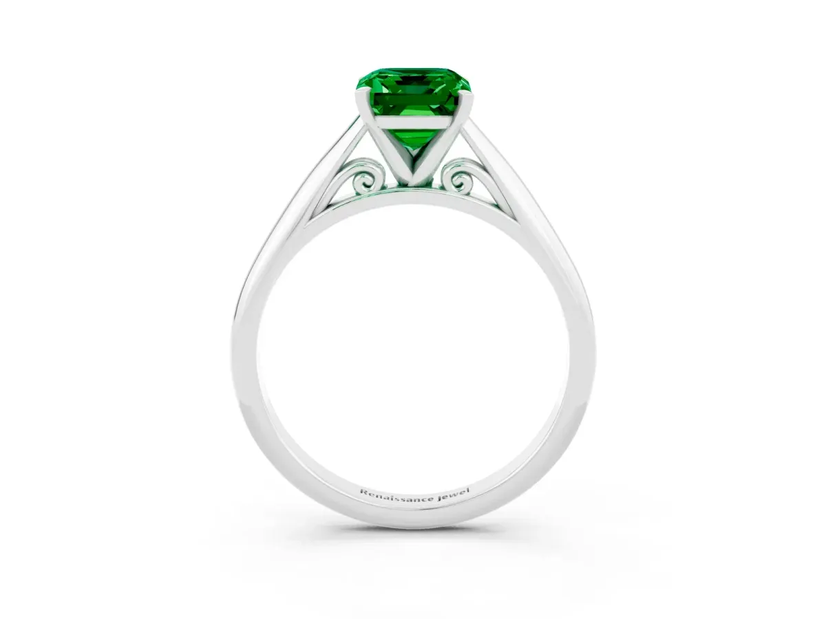Emerald Cut Emerald Solitaire Engagement Ring with Cathedral Setting and Four-Prong Mount White gold