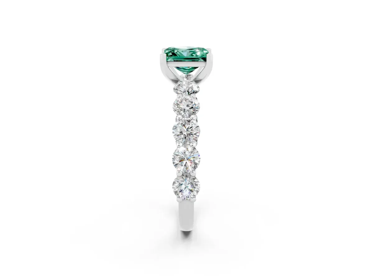 Princess Cut Green Sapphire Prong Setting with Side Stones on a Pave Band Silver