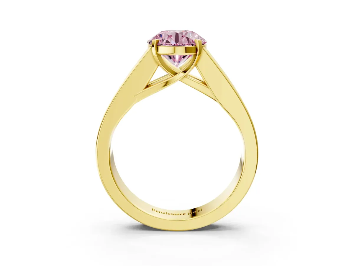 Fancy Pink Round Cut Cut Channel Set Solitaire Ring with Four-Prong Setting Yellow gold