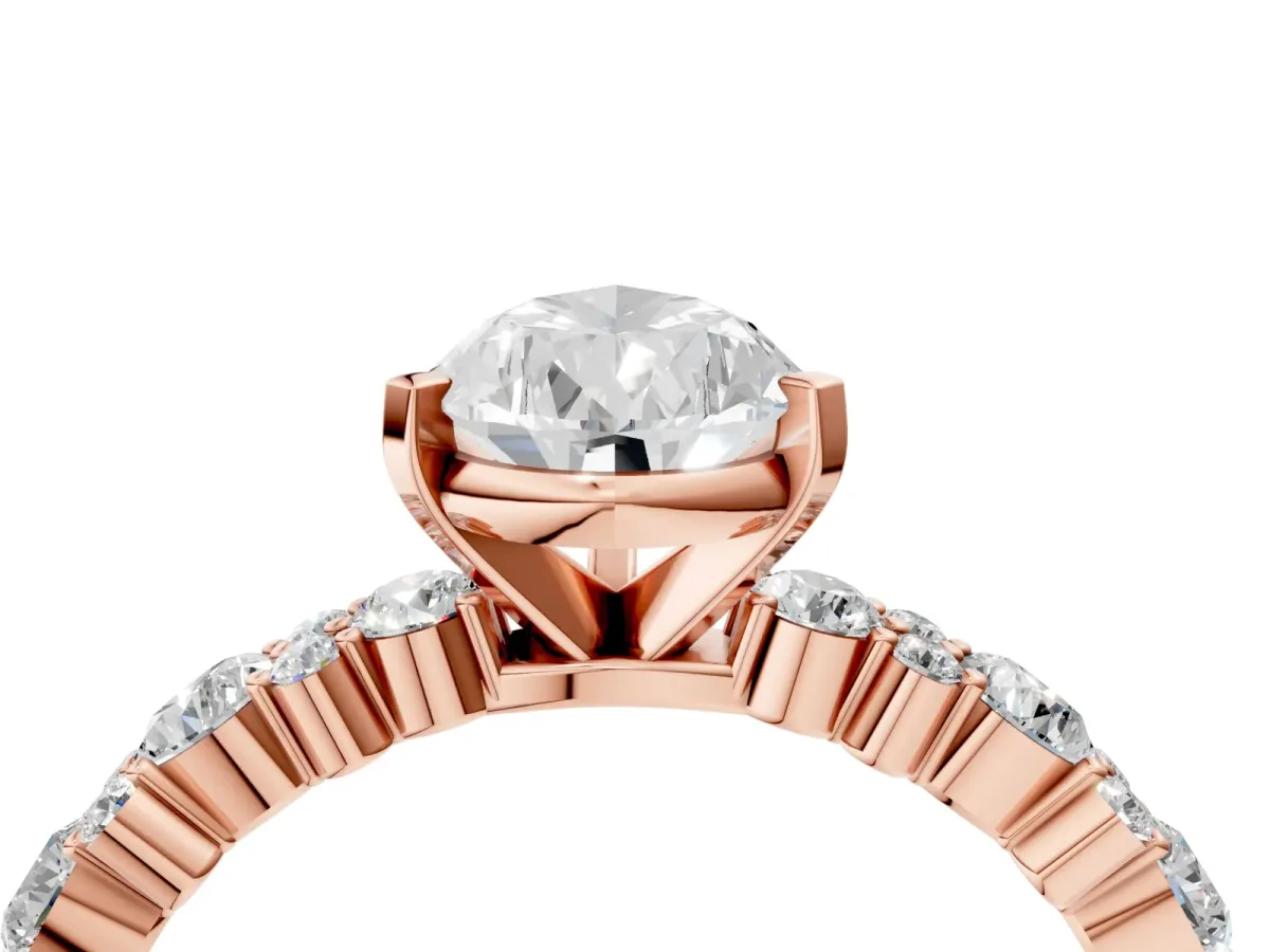 Pear Cut Diamond Side Stone Solitaire Ring with Round and Four-Prong Setting Rose gold
