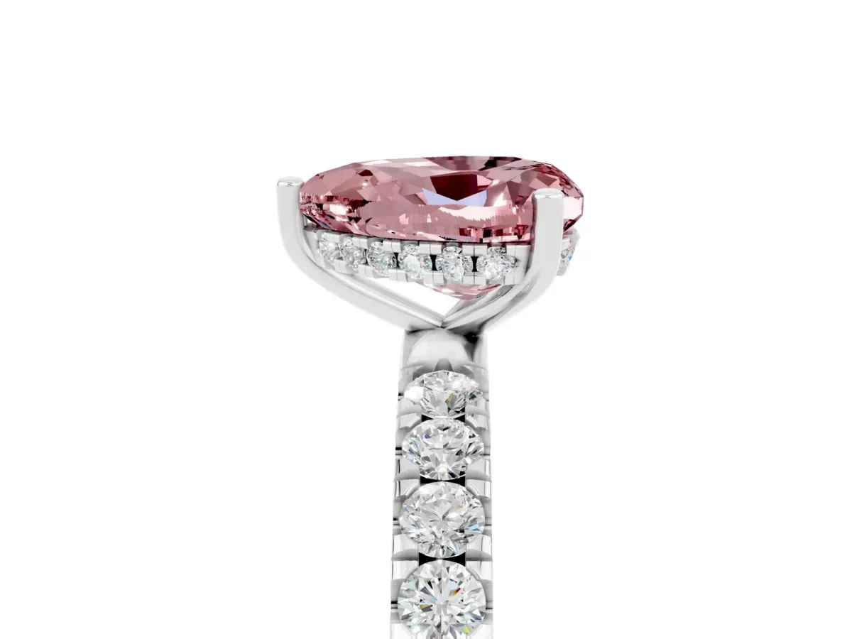 Heart Cut Morganite Pave Band Solitaire Ring with Round and Prong Setting Platinum