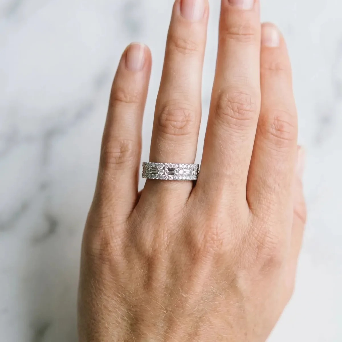 Pave Round and Baguette Diamond Eternity Band with Channel and Prong Setting Silver