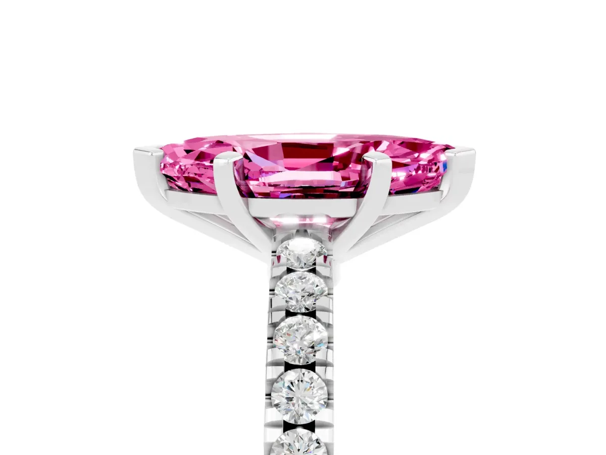 Marquise Cut Solitaire Pink Sapphire with Pavé Band and Four-Prong Setting Silver