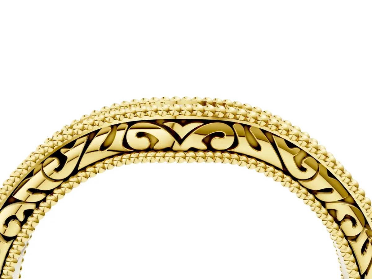 Pave Round Diamond Curved Milgrain Band Yellow gold