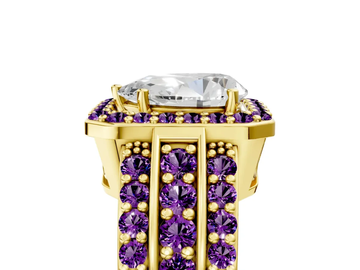 Pear Cut Halo Diamond Ring with Round Amethyst Split Shank and Prong Setting Yellow gold
