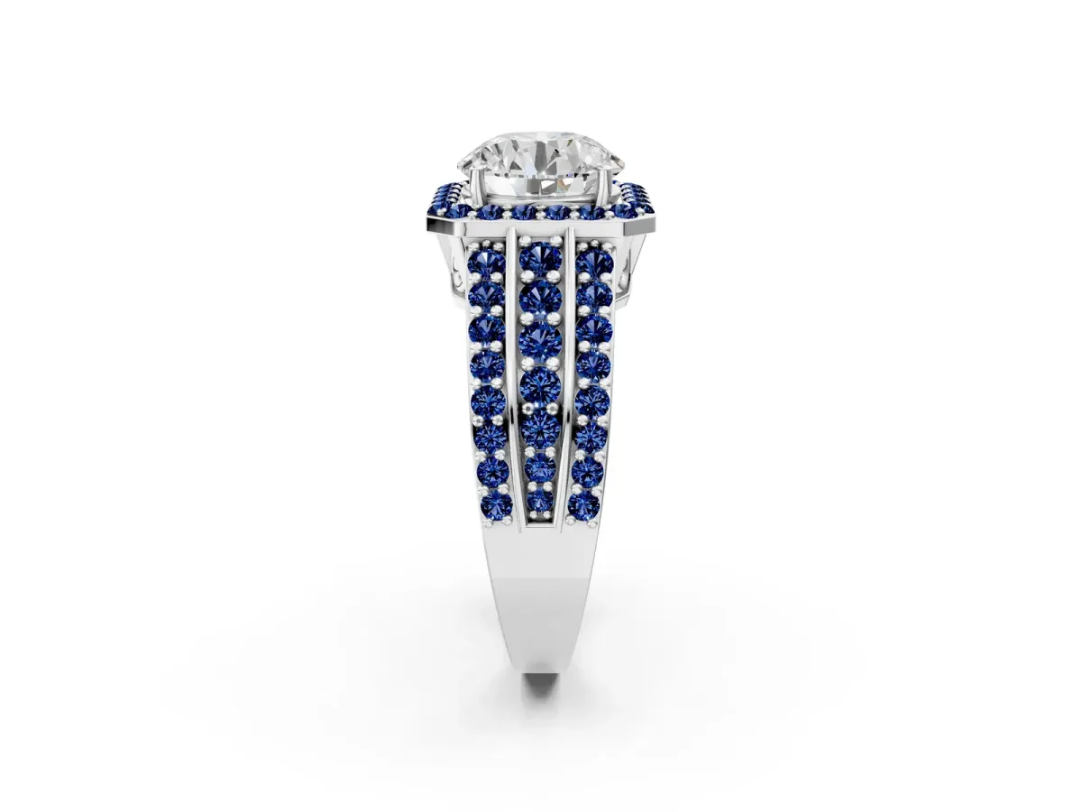 Round Cut Halo Diamond Ring with Round Blue Sapphire Split Shank and Prong Setting Platinum