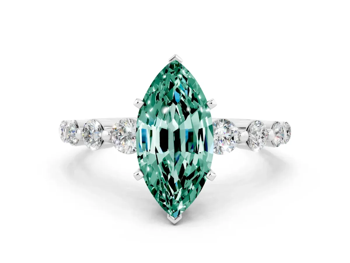 Marquise Cut Solitaire Green Sapphire Ring with Pave Band and Four-Prong Setting Silver