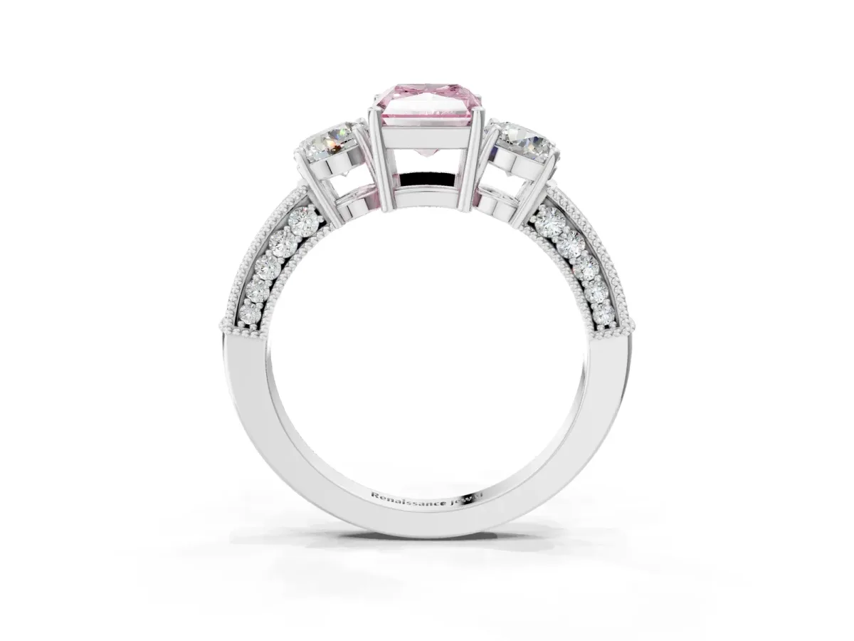 Fancy Pink Radiant Cut Three-Stone Diamond Ring with Pavé Band and Four-Prong Setting Platinum