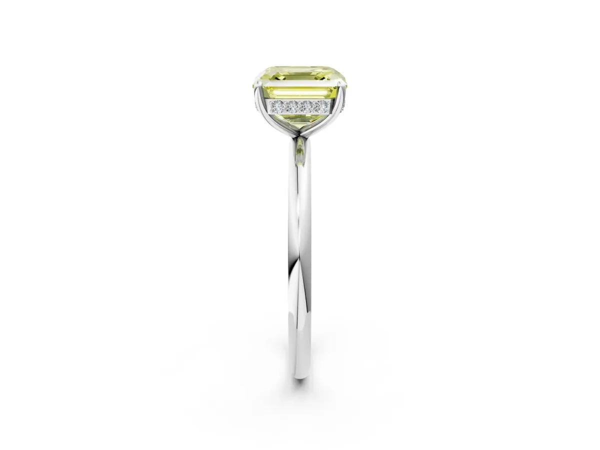 Fancy Yellow Asscher Cut Solitaire Diamond Ring with a Classic Band and Four-Prong Setting Platinum