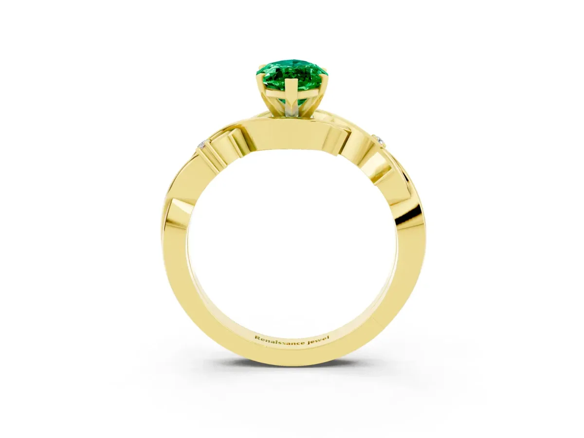 Marquise Cut Emerald Solitaire Ring with Twisted Band and Prong Setting Yellow gold