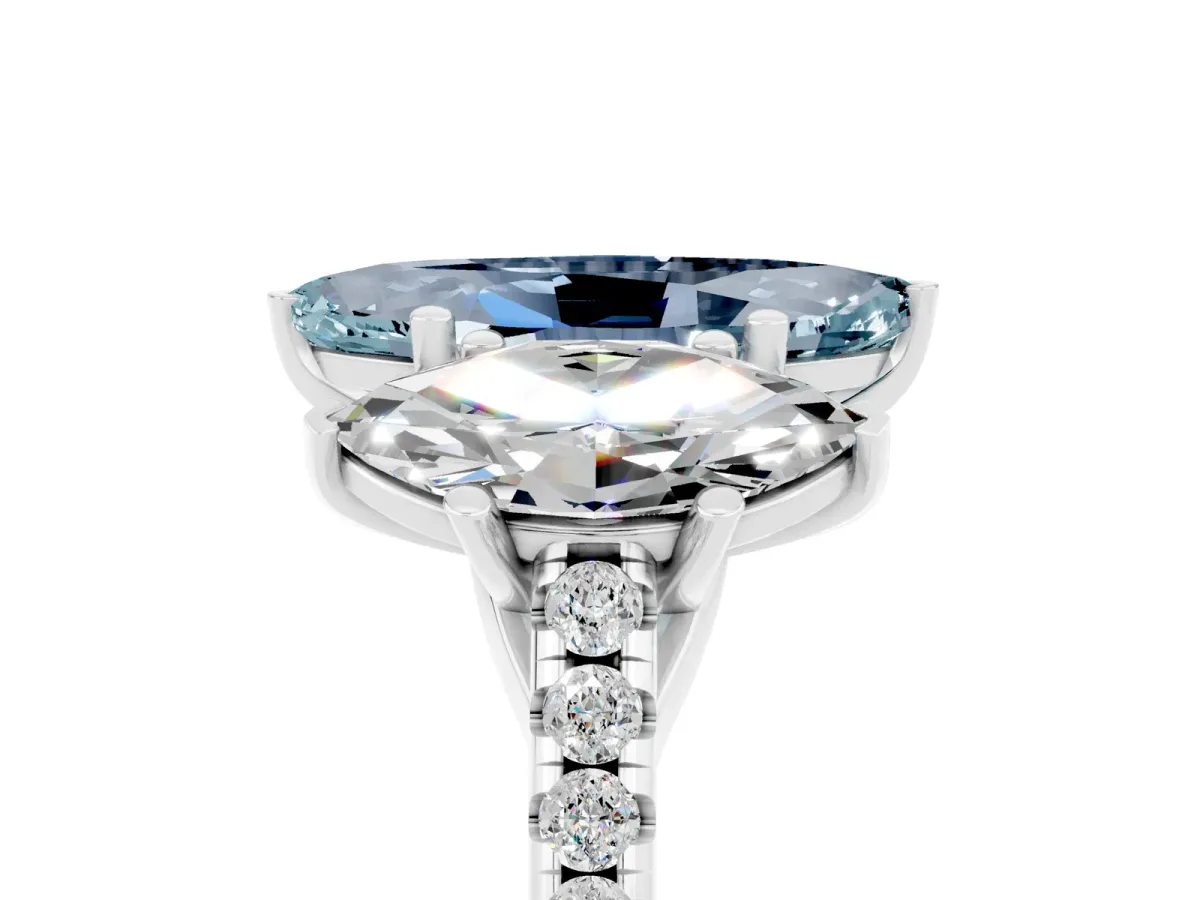 Three-Stone Marquise Cut Aquamarine Ring with Round Pavé Band and Prong Setting Silver